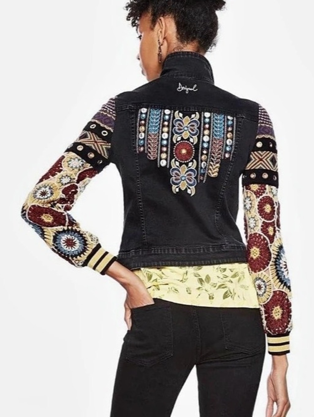 Desigual Alessia Crochet Sleeve Embroidered Denim Jacket Boho Size 6 / EU 38
